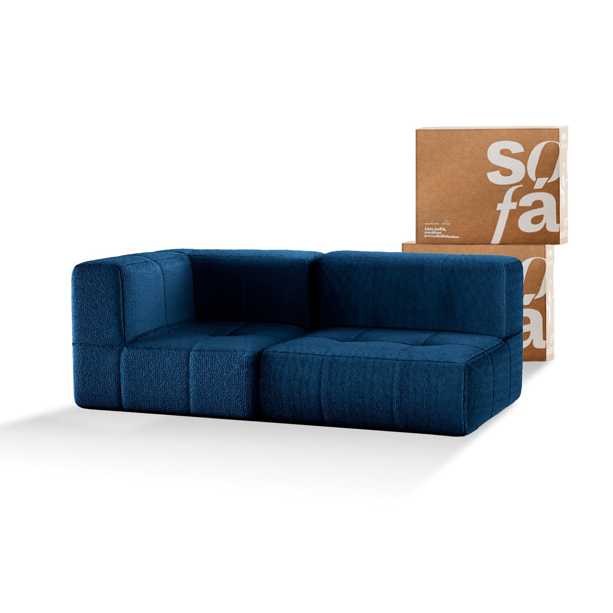 Sofá na Caixa modular 2 lugares em Boucle - 1 Braço - Azul