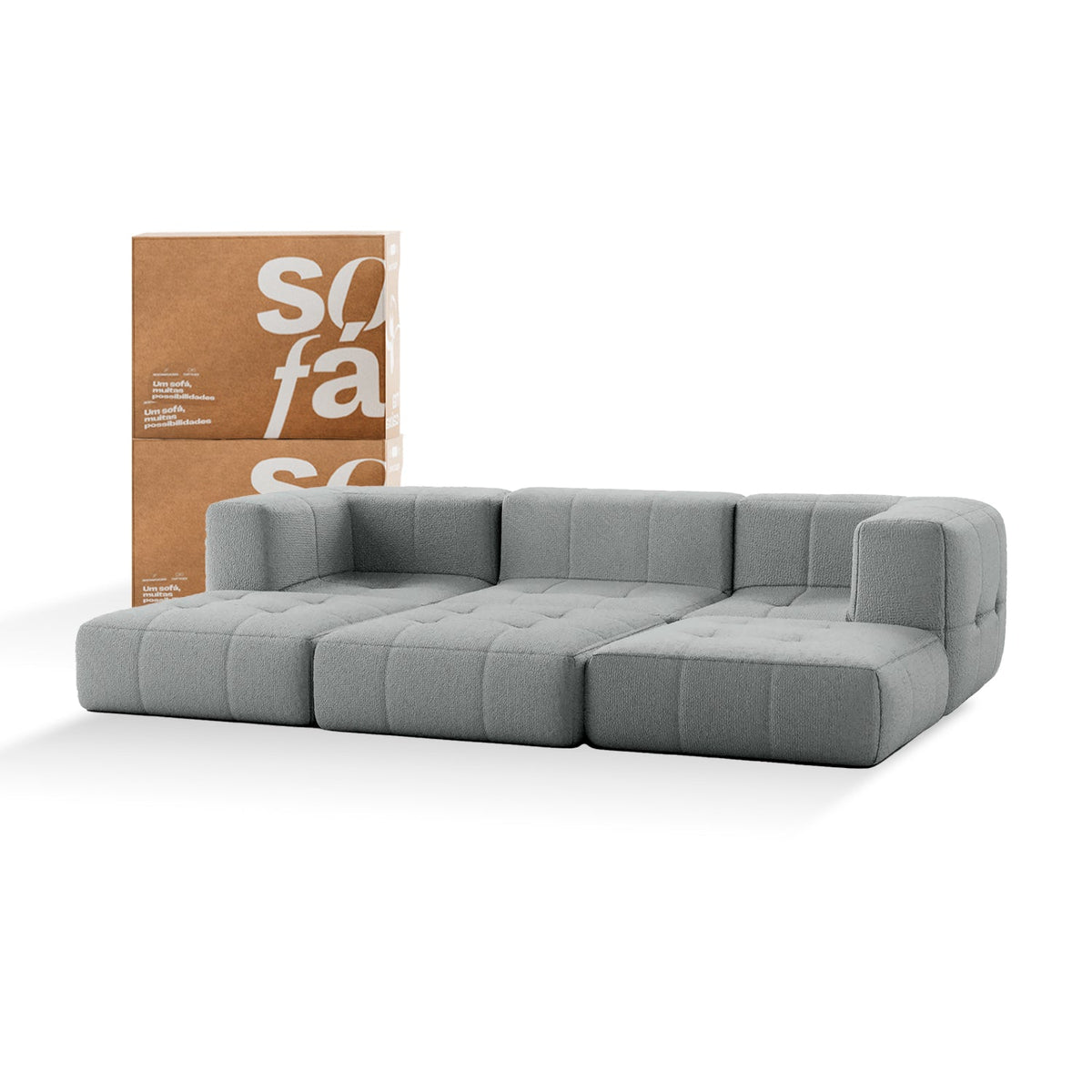 Sofá na Caixa modular 3 lugares em Boucle com 3 Chaises - Cinza