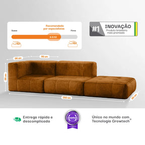 Sofá na Caixa modular 3 lugares Poli-Couro Marrom - 1 Braço com Chaise