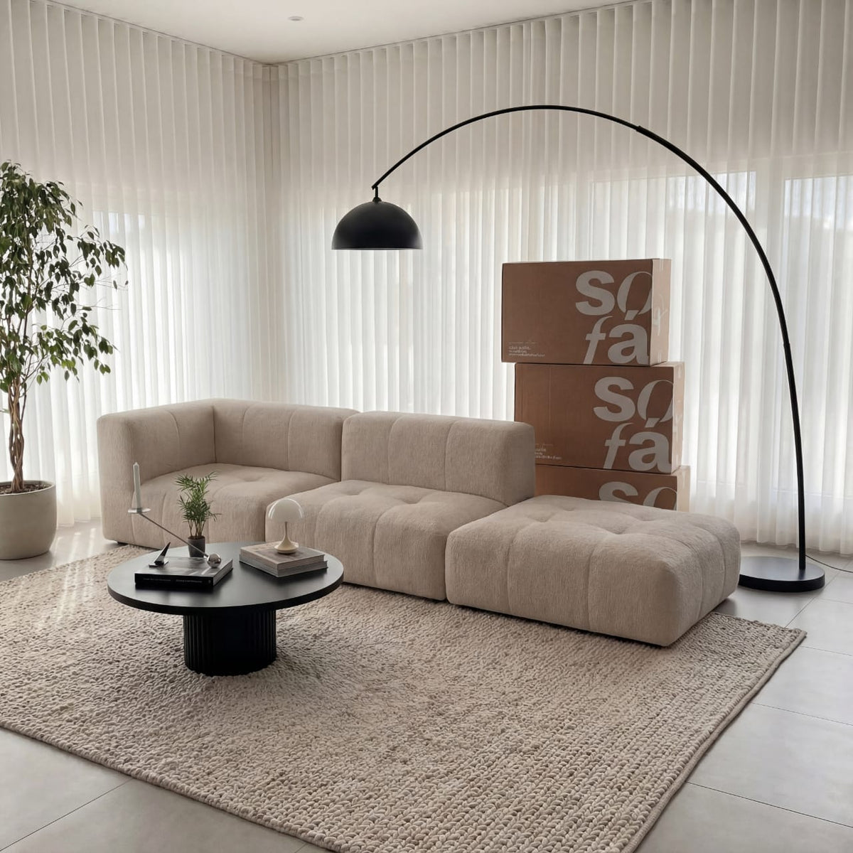 Sofá na Caixa modular 2 lugares em Boucle - 1 Braço com Apoio de pé - Linho